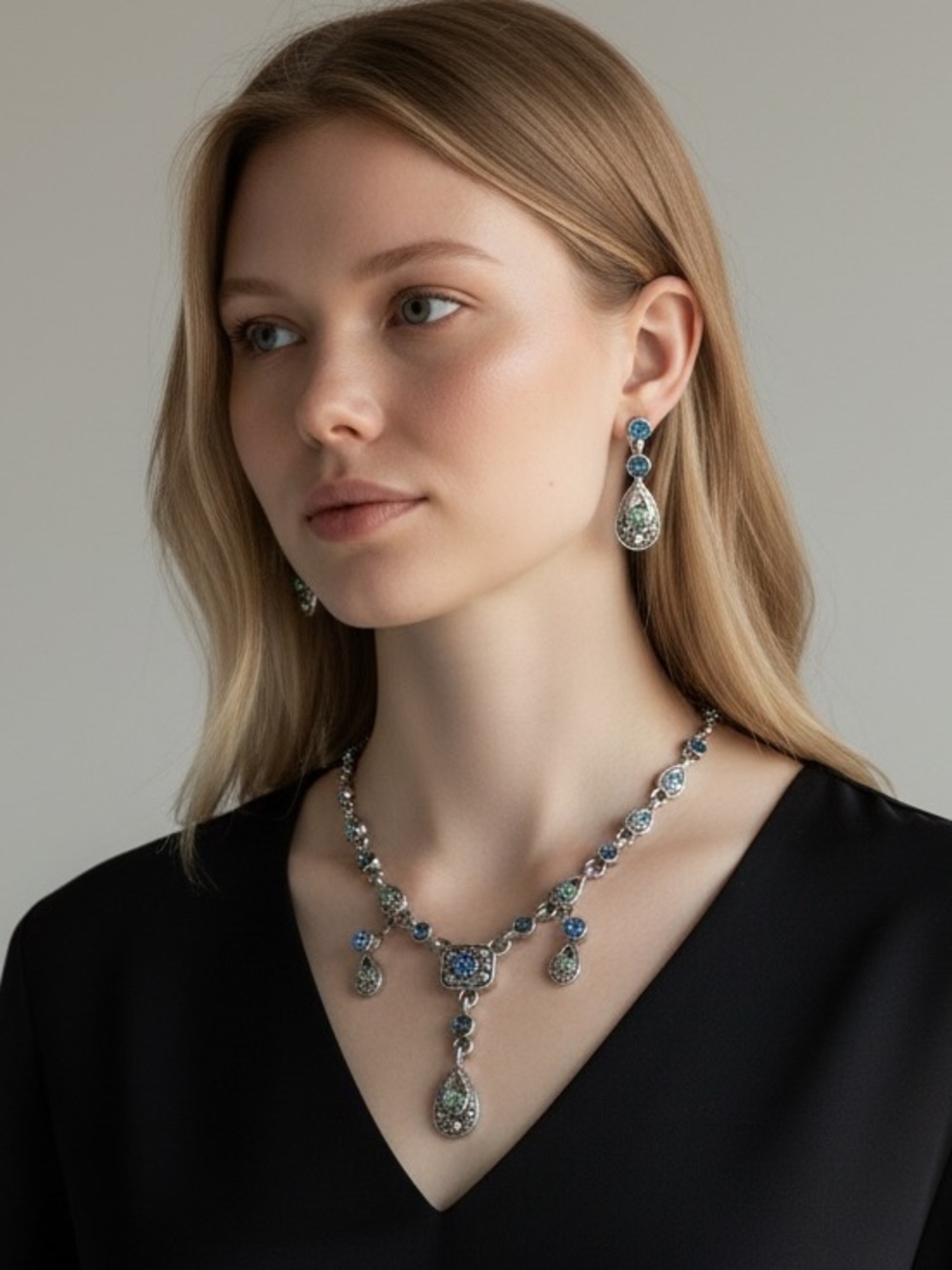 NWT Vintage Trifari Blue Rhinestone Necklace & Earrings Set